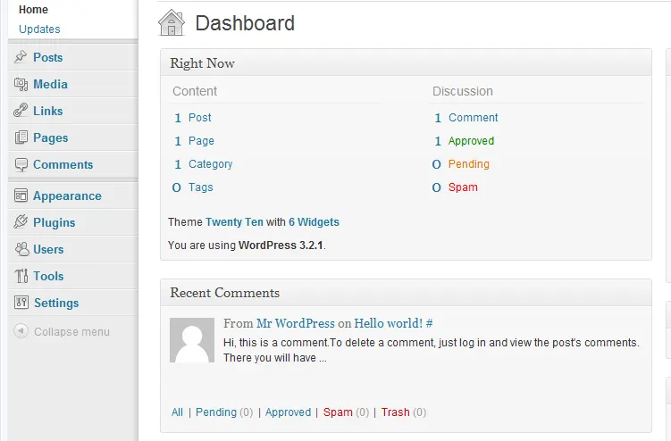 WordPress dashboard - how to create a WordPress website. WordPress Dashboard